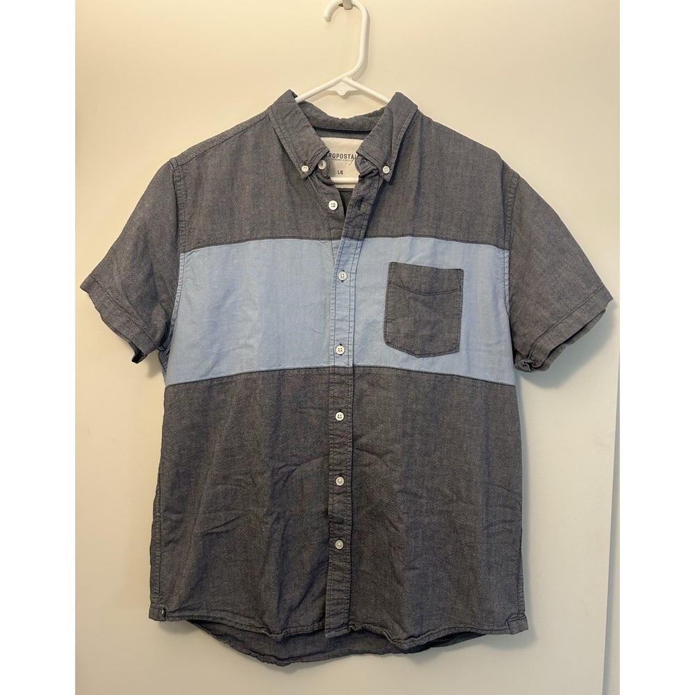 Aeropostale Blue Short Sleeve Button Down Shirt Cotton Pocket Mens L